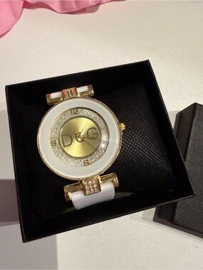 D&G White and Gold Women's Logo Watch with Crystal Accents